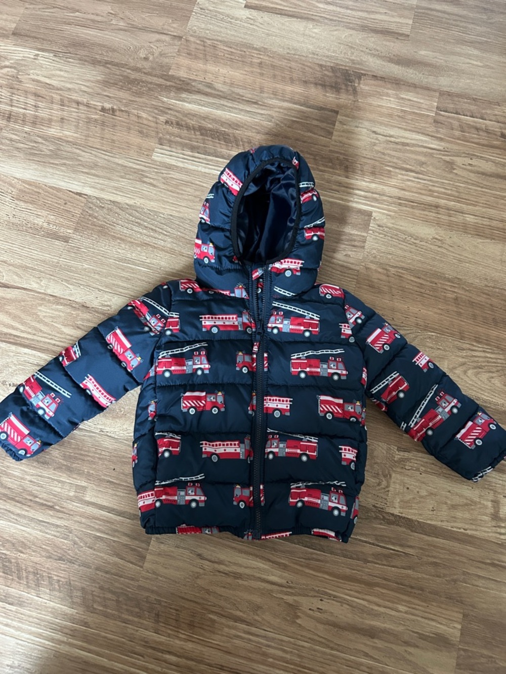 The Children's Place Navy Blue Hooded Puffer Jacket with Red Fire Truck Print